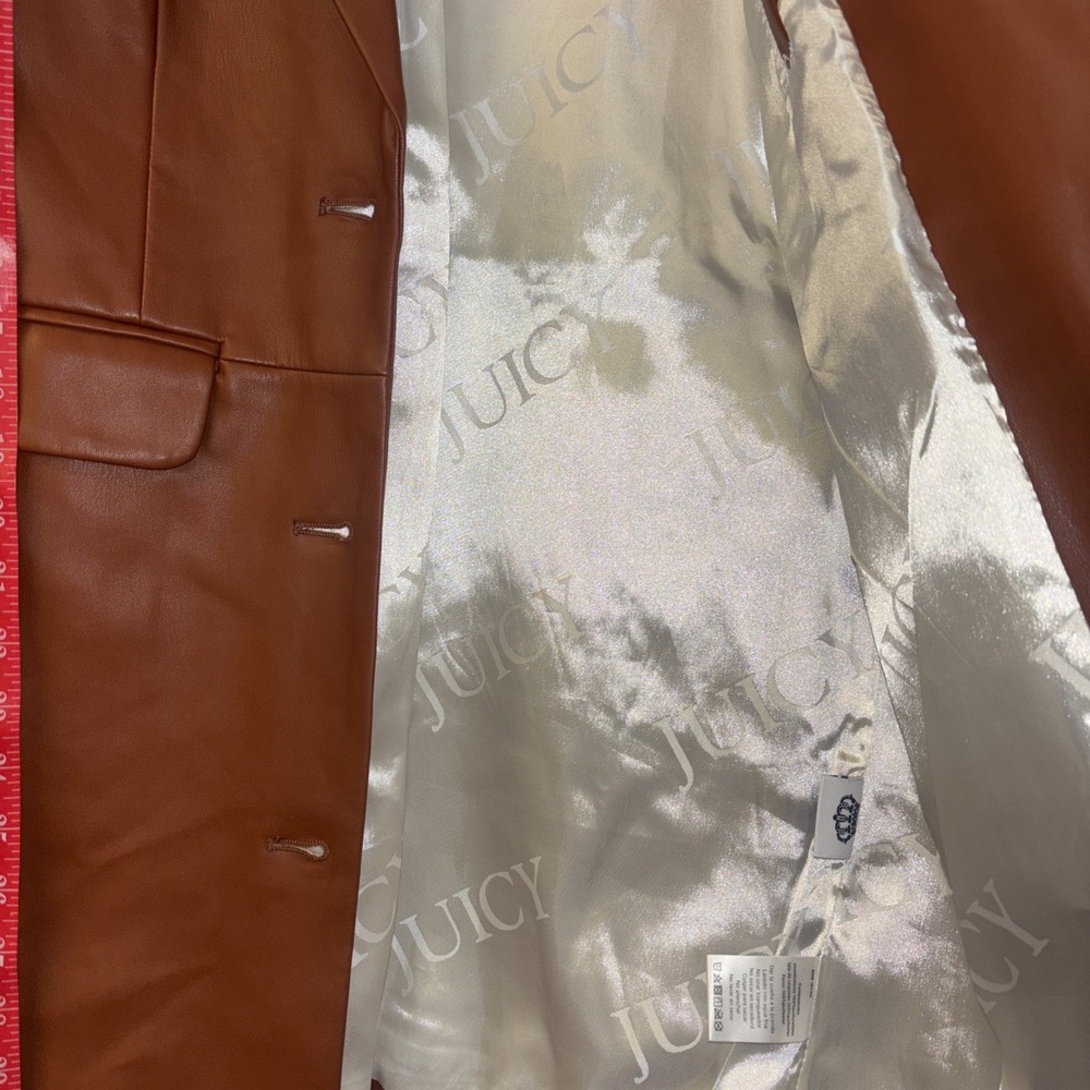 Juicy Couture Brown Faux Leather Blazer Jacket Button Front Pockets Size S - Picture 9 of 10